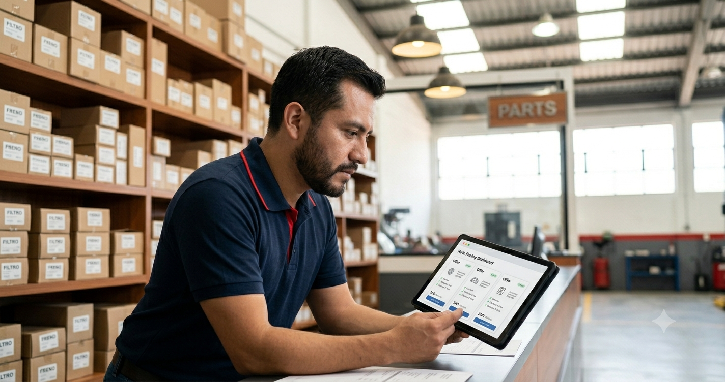 Recepcionista de taller revisando cotizaciones de repuestos en una tablet con la app PartFinder